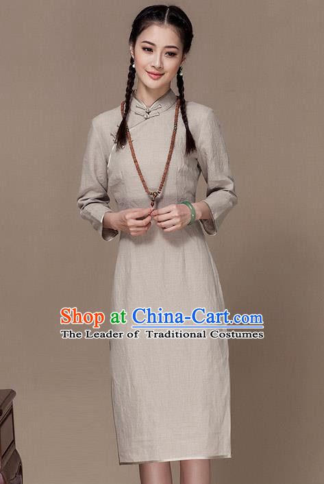 Traditional Chinese National Costume Elegant Hanfu Beige Linen Cheongsam, China Tang Suit Plated Buttons Chirpaur Dress for Women