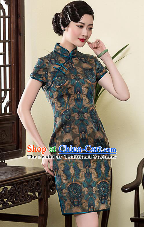 Traditional Chinese National Costume Elegant Hanfu Blue Silk Printing Cheongsam, China Tang Suit Plated Buttons Chirpaur Dress for Women