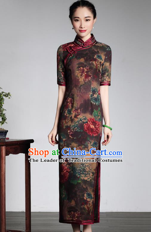 Traditional Chinese National Costume Elegant Hanfu Silk Long Cheongsam, China Tang Suit Plated Buttons Qipao Chirpaur Dress for Women