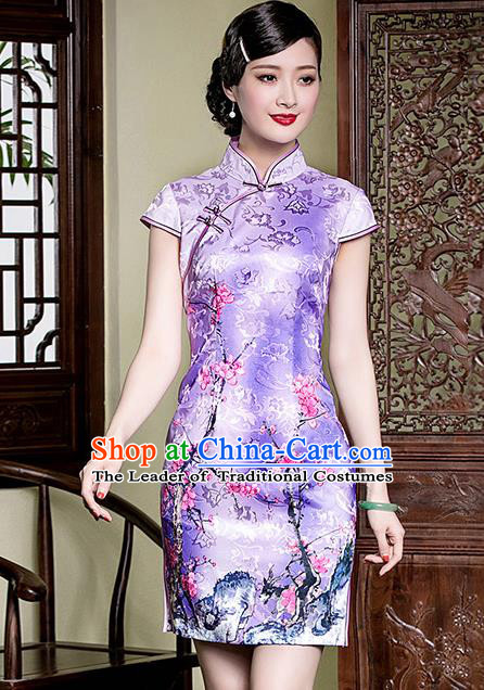 Traditional Chinese National Costume Elegant Hanfu Purple Printing Peach Blossom Cheongsam, China Tang Suit Plated Buttons Qipao Chirpaur Dress for Women