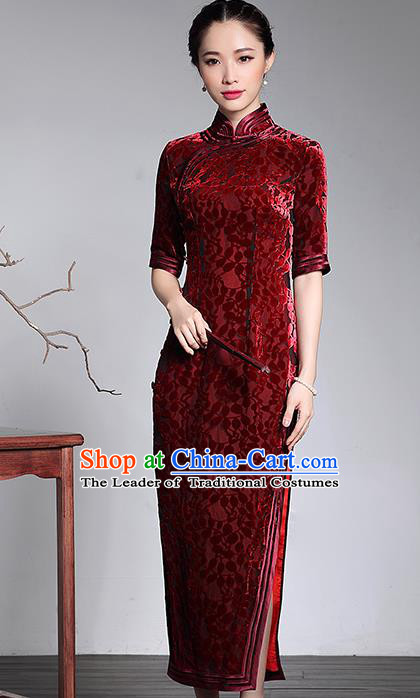 Traditional Chinese National Costume Elegant Hanfu Red Velvet Cheongsam, China Tang Suit Plated Buttons Qipao Chirpaur Dress for Women