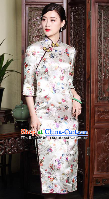 Traditional Chinese National Costume Elegant Hanfu Cheongsam White Brocade Cheongsam, China Tang Suit Plated Buttons Chirpaur Dress for Women