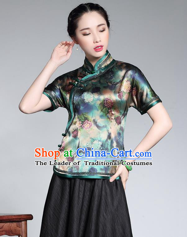 Traditional Chinese National Costume Elegant Hanfu Plated Button Printing Green Silk Shirt, China Tang Suit Upper Outer Garment Cheongsam Blouse for Women