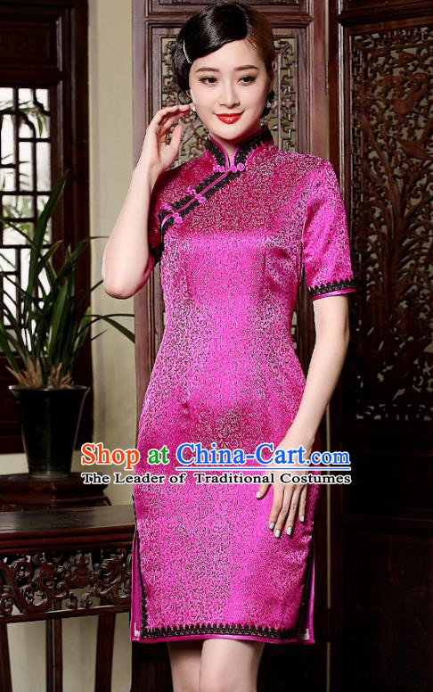 Traditional Chinese National Costume Hanfu Mandarin Qipao Dress, China Tang Suit Rosy Silk Cheongsam for Women