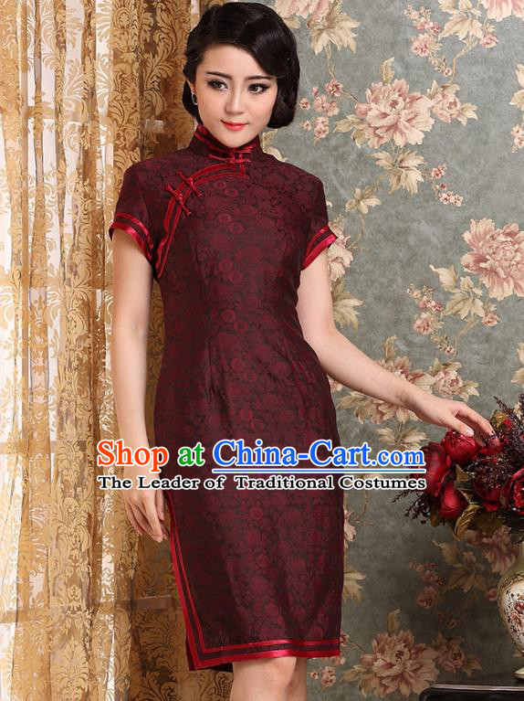 Traditional Chinese National Costume Hanfu Plated Button Red Silk Qipao Dress, China Tang Suit Cheongsam for Women