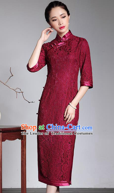 Traditional Chinese National Costume Red Lace Qipao Dress, China Tang Suit Chirpaur Cheongsam for Women