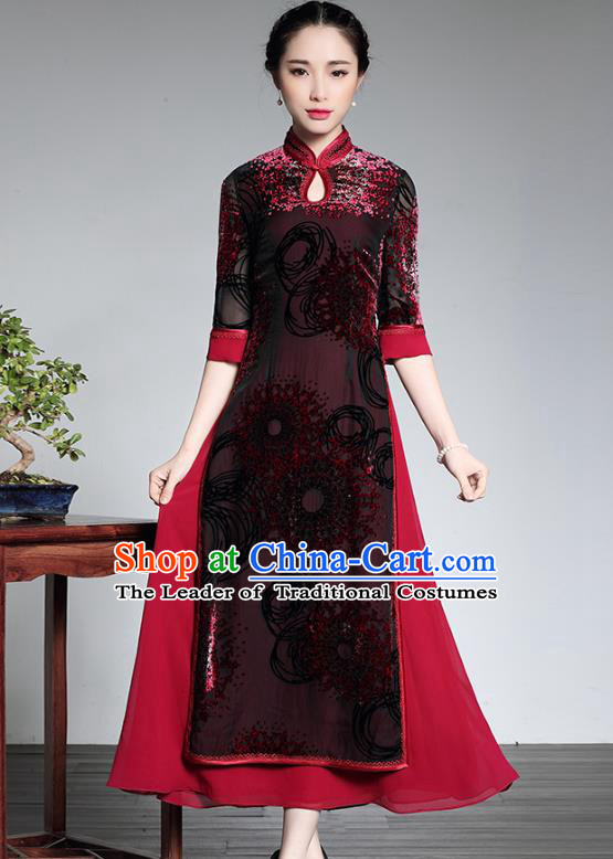 Traditional Chinese National Costume Long Qipao Dress, China Tang Suit Chirpaur Velvet Cheongsam for Women