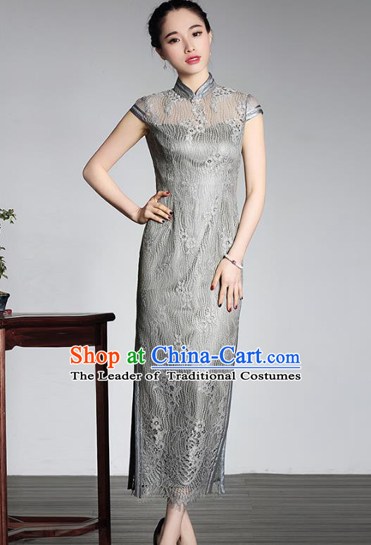 Traditional Chinese National Costume Plated Buttons Grey Lace Qipao Dress, China Tang Suit Chirpaur Cheongsam for Women