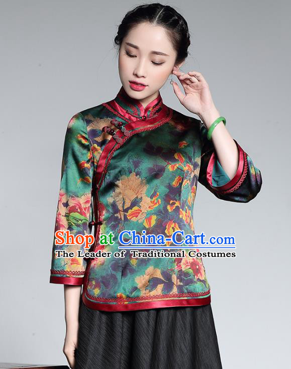 Traditional Chinese National Costume Plated Buttons Green Watered Gauze Qipao Shirts, China Tang Suit Chirpaur Cheongsam Blouse for Women