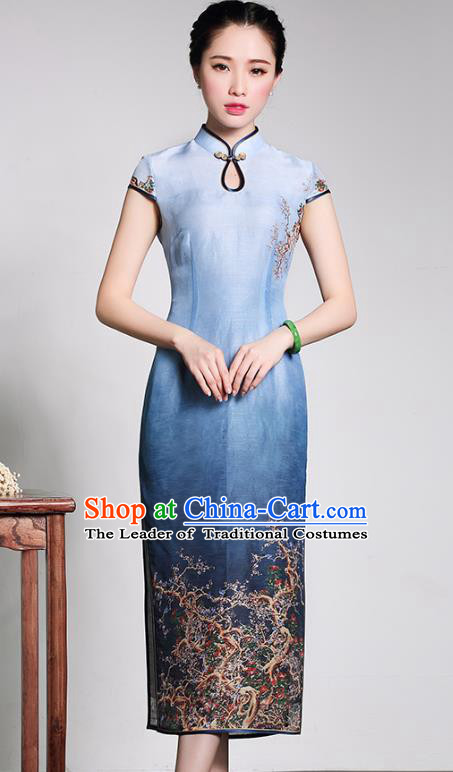 Traditional Chinese National Costume Plated Buttons Qipao Dress, China Tang Suit Chirpaur Blue Silk Cheongsam for Women