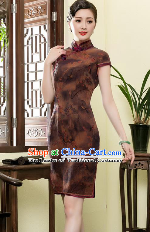 Traditional Chinese National Costume Plated Buttons Brown Silk Qipao Dress, Top Grade Tang Suit Stand Collar Cheongsam for Women