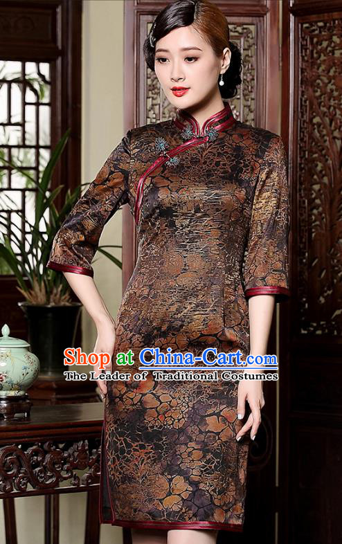 Traditional Chinese National Costume Plated Buttons Brown Silk Qipao Dress, Top Grade Tang Suit Stand Collar Watered Gauze Cheongsam for Women