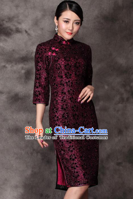 Traditional Chinese National Costume Plated Buttons Rosy Qipao Dress, Top Grade Tang Suit Stand Collar Cheongsam for Women