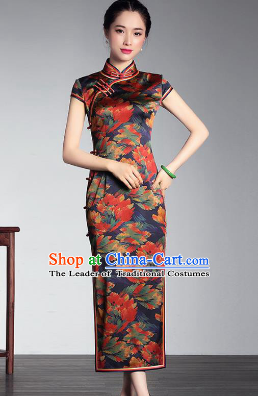 Traditional Chinese National Costume Long Qipao Satin Dress, Top Grade Tang Suit Stand Collar Cheongsam for Women