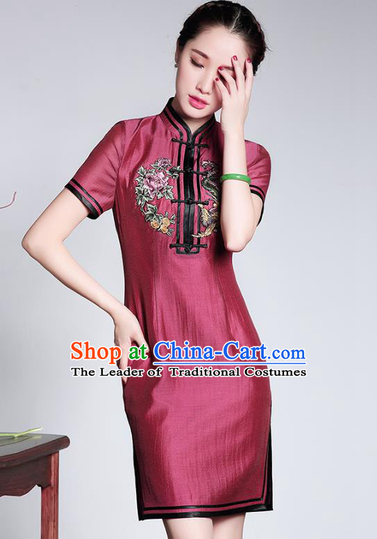 Traditional Ancient Chinese Young Lady Silk Embroidery Cheongsam, Republic of China Stand Collar Qipao Dress Tang Suit Clothing for Women