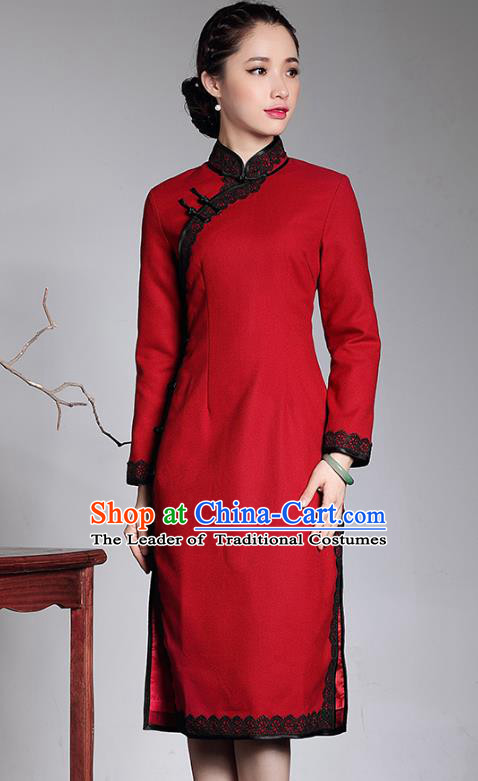 Traditional Ancient Chinese Young Lady Embroidery Red Wool Cheongsam, Republic of China Stand Collar Qipao Dress Tang Suit Clothing for Women
