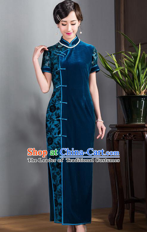 Traditional Ancient Chinese Young Lady Blue Velvet Cheongsam, Republic of China Stand Collar Qipao Tang Suit Dress for Women