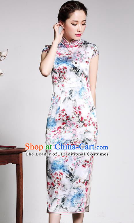 Traditional Ancient Chinese Young Lady Plated Buttons Printing Flowers Cheongsam, Asian Republic of China Silk Qipao Dress Tang Suit Clothing for Women