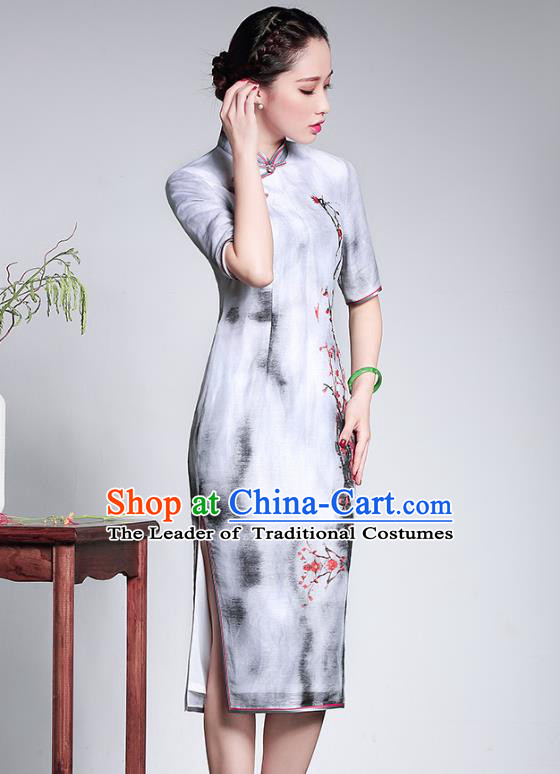 Traditional Ancient Chinese Young Lady Retro Silk Cheongsam White Printing Dress, Asian Republic of China Qipao Tang Suit Clothing for Women