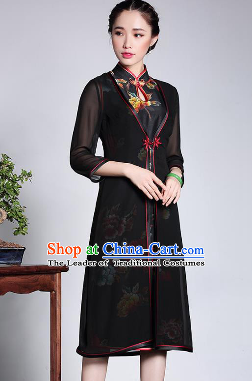 Traditional Ancient Chinese Young Lady Retro Black Silk Cheongsam Coats, Asian Republic of China Qipao Dust Coat Tang Suit Upper Outer Garment for Women