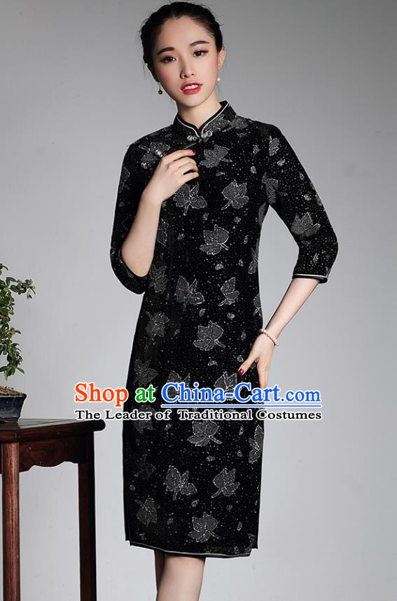 Traditional Ancient Chinese Young Lady Retro Black Velvet Hot Drilling Cheongsam, Asian Republic of China Qipao Tang Suit Dress for Women