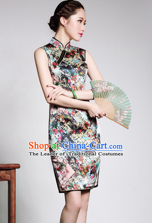 Traditional Ancient Chinese Young Lady Retro Stand Collar Printing Silk Cheongsam, Asian Republic of China Qipao Tang Suit Dress for Women