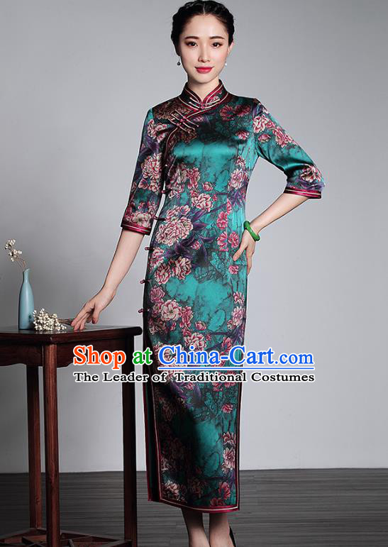 Asian Republic of China Top Grade Plated Buttons Printing Green Silk Cheongsam, Traditional Chinese Tang Suit Qipao Dress for Women