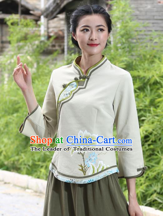 Asian China Hand Painting Green Linen Cheongsam Blouse, Traditional Chinese Tang Suit Hanfu Shirts for Women