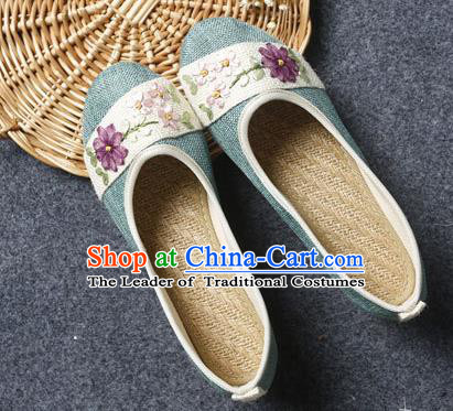 Traditional Chinese National Embroidered Shoes Green Linen Shoes, China Handmade Hanfu Embroidery Flower Wedding Shoes for Women