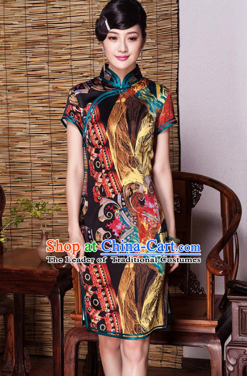 Asian Republic of China Young Lady Retro Plated Buttons Silk Cheongsam, Traditional Chinese Printing Qipao Tang Suit Dress for Women