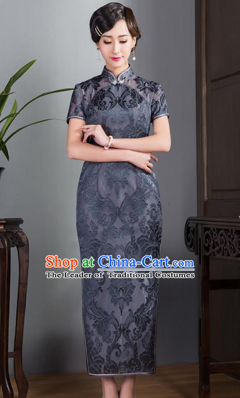 Asian Republic of China Young Lady Retro Plated Buttons Grey Lace Printing Silk Cheongsam, Traditional Chinese Wedding Qipao Tang Suit Dress for Women