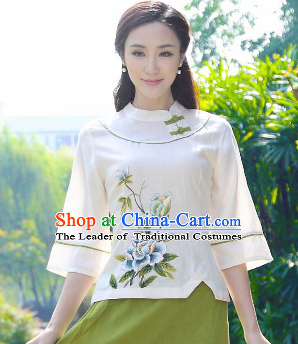 Asian China Top Grade Linen Hand Painting Cheongsam Blouse, Traditional Chinese Tang Suit Hanfu Plated Buttons Shirts for Women