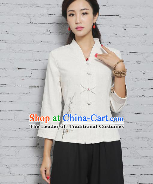 Asian China Top Grade Linen Hand Painting White Cheongsam Blouse, Traditional Chinese Tang Suit Hanfu Plated Buttons Shirts for Women