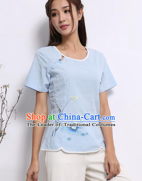 Asian China Top Grade Blue Linen Hand Painting Cheongsam Blouse, Traditional Chinese Tang Suit Hanfu Plated Button Qipao Shirts for Women