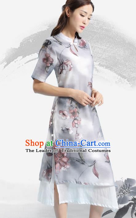 Asian China Top Grade Silk Printing Cheongsam Dress, Traditional Chinese Tang Suit Hanfu Plated Button Qipao for Women
