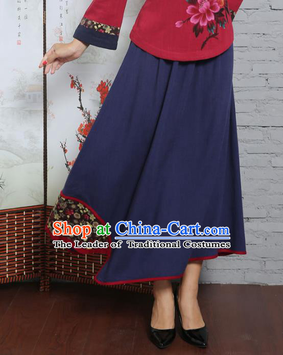 Asian China Hand Painting Navy Linen Bust Skirt, Traditional Chinese Tang Suit Hanfu Skirts for Women