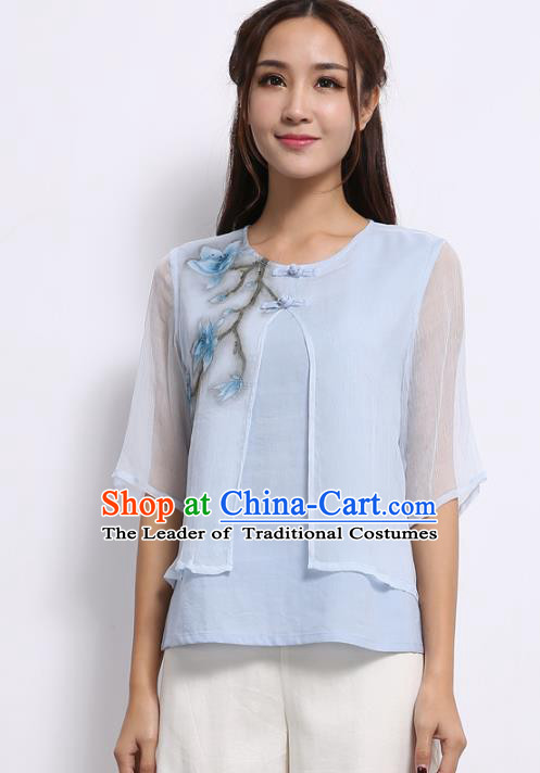 Asian China Top Grade Blue Silk Cheongsam Hand Painting Cheongsam Blouse, Traditional Chinese Tang Suit Hanfu Plated Button Qipao Shirts for Women