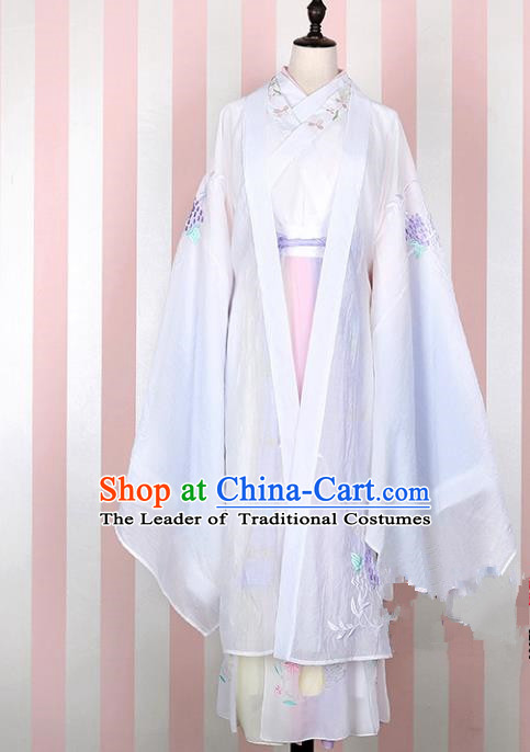 Asian China Han Dynasty Young Lady Embroidered Costume White Wide Sleeve Cardigan, Traditional Ancient Chinese Princess Elegant Hanfu Embroidery Clothing for Women