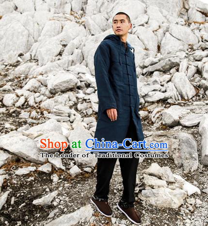 Asian China National Costume Navy Cotton-padded Jacket, Traditional Chinese Tang Suit Plated Buttons Dust Coat Clothing for Men