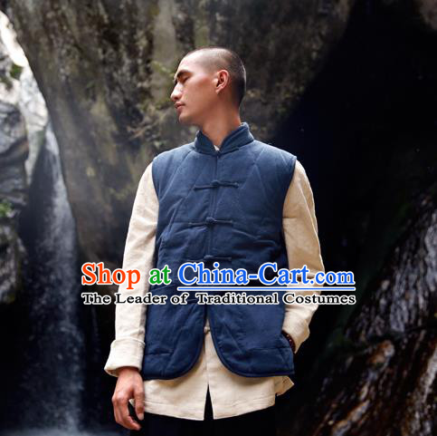 Asian China National Costume Navy Cotton-padded Vest, Traditional Chinese Tang Suit Plated Buttons Waistcoat Clothing for Men