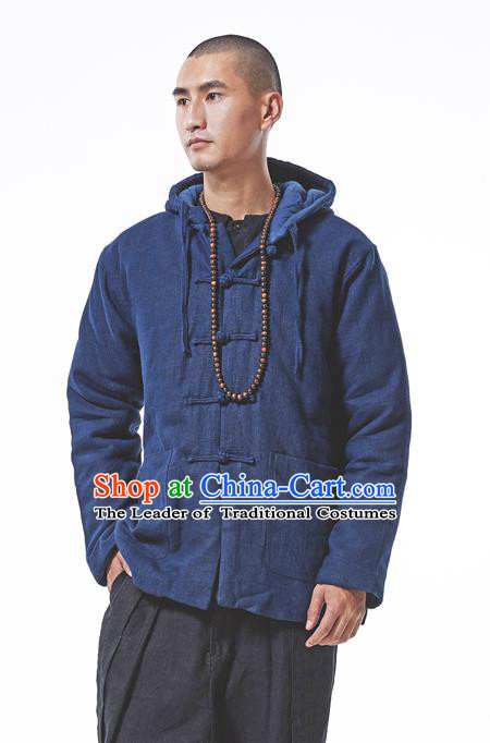 Asian China National Costume Blue Cotton-padded Jacket, Traditional Chinese Tang Suit Plated Buttons Coat Clothing for Men