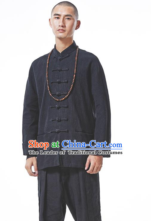 Asian China National Costume Black Linen Shirts, Traditional Chinese Tang Suit Plated Buttons Upper Outer Garment Clothing for Men