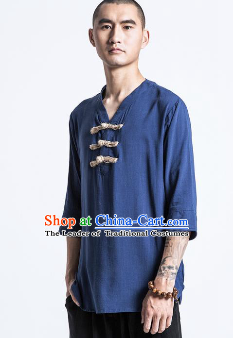 Asian China National Costume Blue Linen Shirts, Traditional Chinese Tang Suit Plated Buttons Upper Outer Garment Clothing for Men