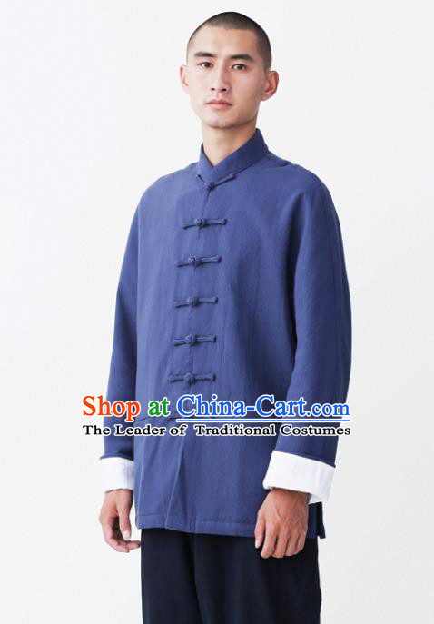 Asian China National Costume Blue Linen Shirts, Traditional Chinese Tang Suit Plated Buttons Upper Outer Garment Clothing for Men