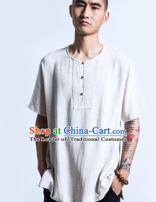 Asian China National Costume White Linen Shirts, Traditional Chinese Tang Suit Plated Buttons Upper Outer Garment Clothing for Men