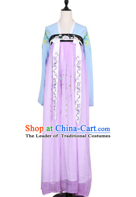 Asian China Tang Dynasty Princess Embroidered Clothing Complete Set, Traditional Ancient Chinese Palace Lady Hanfu Lilac Silp Skirt Costume for Women