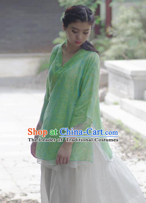 Asian China National Costume Slant Opening Green Hanfu Printing Blouse, Traditional Chinese Tang Suit Cheongsam Shirts Upper Outer Garment Clothing for Women