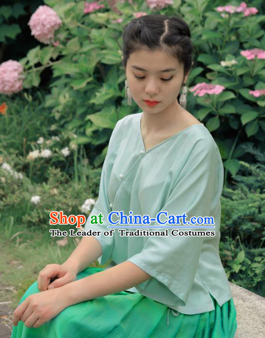 Asian China National Costume Slant Opening Green Silk Hanfu Blouse, Traditional Chinese Tang Suit Cheongsam Shirts Upper Outer Garment Clothing for Women