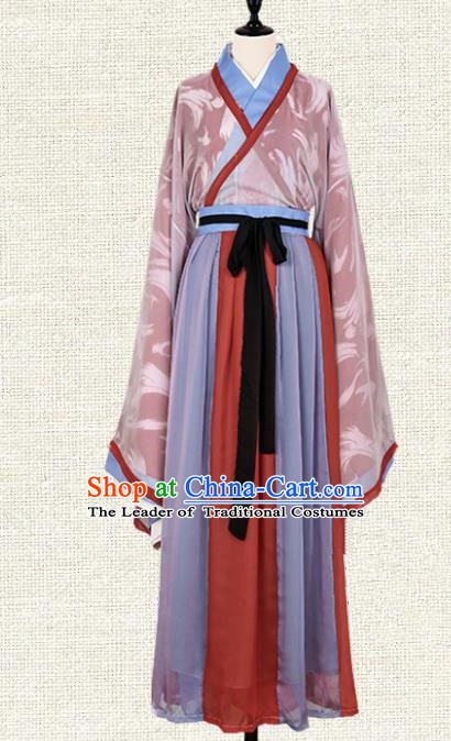 Asian China Jin Dynasty Swordsman Printing Red Clothing Complete Set, Traditional Ancient Chinese Palace Lady Hanfu Costume for Women