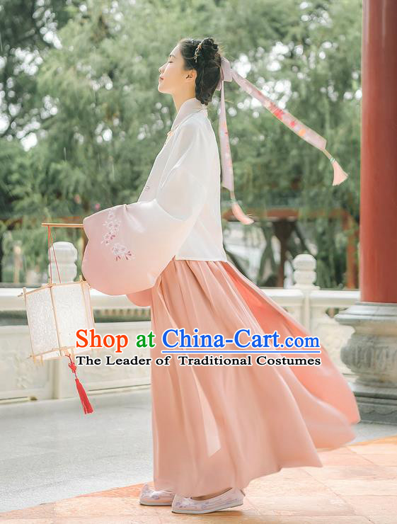 Asian China Ming Dynasty Princess Costume Embroidered White Blouse and Pink Skirt, Traditional Ancient Chinese Elegant Princess Hanfu Clothing for Women